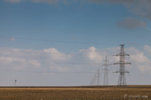 High tension power lines on the Mongolian steppes.
