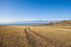 Long dirt Road over grass to Uvs Lake, Mongolia