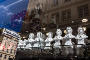 Small busts of Mozart in a Viennese shop window, Austria