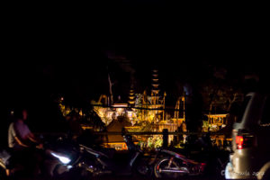View over Pura Gunung Lebah after dark from the bridge, Ubud
