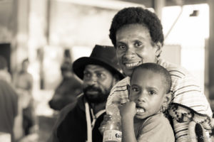 Monochrome portrait of a Papuan family, Koki Fish Market, Port Moresby PNG