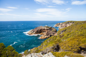 View of the coast from Northern Bournda National Park from above Kianinny Bay, NSW