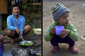 Man cooking outdoors, Hilltribe boy with cup