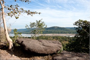Landscape with large rock overlooking the Mekong and Laos