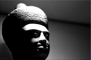 B&W portrait of 11th C Khmer head sculpture