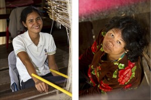 One woman at the side, one women underneath, a two-story silk loom