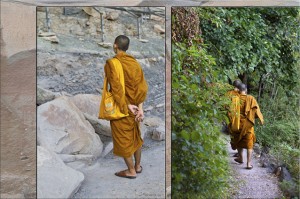 Composit: Monk looking at Pha Taem paintings, and Monks walking away
