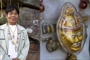 Composite: Thai man and his stone amulets