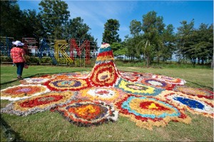 Floral outdoor installation art piece made from silk