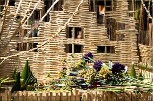 Art installation: wicker alter with flowers