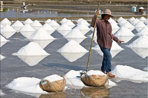 Thai woman in a brine salt farm