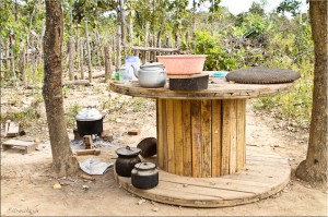 Wooden Drum with cooking pots