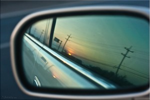 Sunset in a Car rear-view Mirror