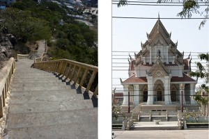 Composite: steep stairs and Thai wat
