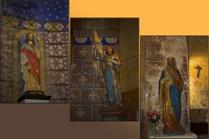 Composite: Coloured statues: 1) Jesus 2) Joan of Arc 3) Madonna and Child