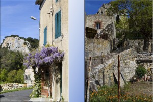 Composite street scenes: Front door draped in purple flowers, Stone-walled garden