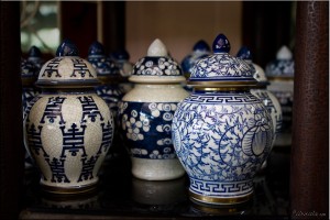 Blue and whit lidded ceramic pots