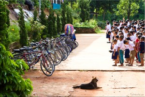 Line of bicycles in schoolyard