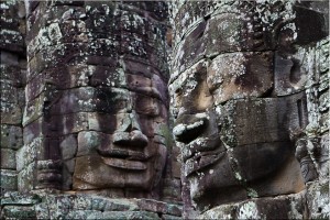 Two large stone Bodhisattva faces