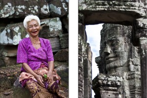 Composite: Khmer granny with beetle-nut smile and Bodhisattva, Bayon