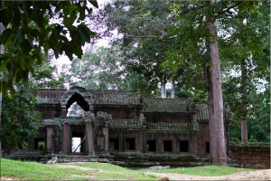 View of moss-covered, tree-surrounded east gate, Angkor wat.