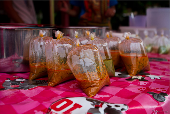 Thai food in plastic bags on a hot-ping plastic cloth