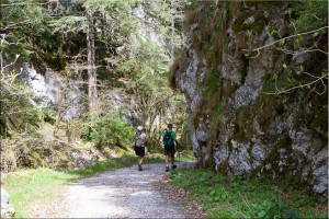 Two walkers hike into a gorge
