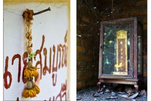 Composite: Faded Jasmine garland on a sealed cremation alcove; Memorial inside an alcove