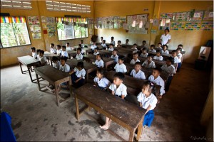 Wide angle view of a Cambodian first-grade classroom.