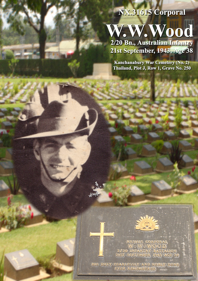 Composite: the Allied Cemetery at Kanchanaburi, headstone and photo of Australian Infantry Corporal, WWWood