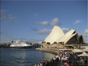 large cruise boat in front of North Sydney buildings, Opera House