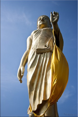 Standing golden Buddha with hands in vitarka mudra.