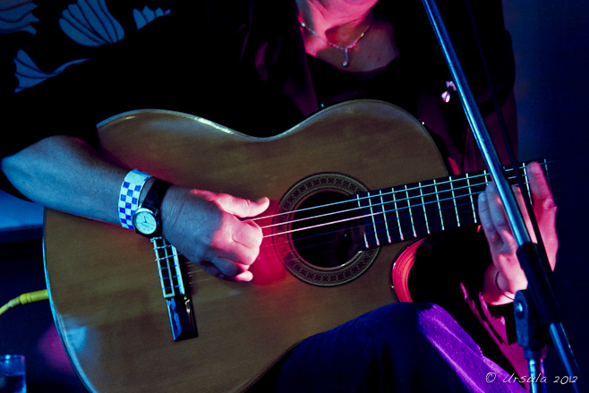 Split-toned close-up of an acoustic guitar being played