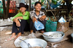 Two khmer women sitting behind metal bowls of floured meat and fish in a simple market.