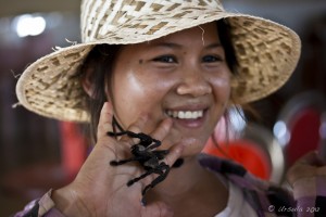 Portrait: A smiling khmer woman in a straw sunhat holds up a large live tarantula for sale.