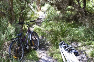 Bicycle on a sandy path, next to some scientific equipment.