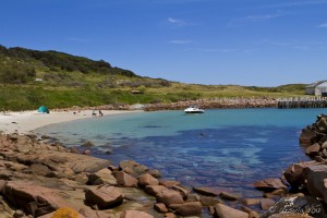 Scene: a speed boat sits in a turquoise waters in a sandy bay.