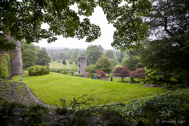 View through trees and green of a round tower