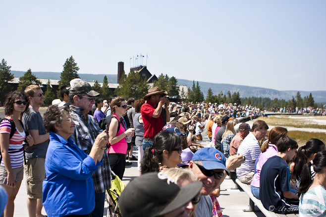 Crowd of tourists in a circle, Old Faithful