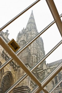 Salisbury's spire through a class roof.