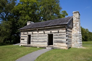 Small log cabin with two doors.