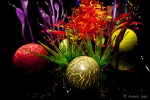 Colourful glass balls and shapes.