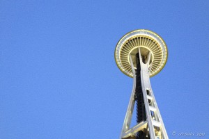 Seattle Space Needle against a blue sky.