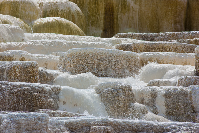 Water splashing over travertine terraces, Mound Spring, Yellowstone NP