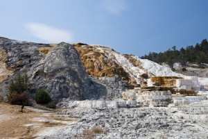 View: Devil's Thumb, a rocky outcrop, and Minerva Terrace, Mammoth Hot Springs, Yellowstone