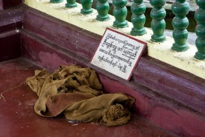 Brown burlap cloth on the temple stairs, Shwethalyaung Temple