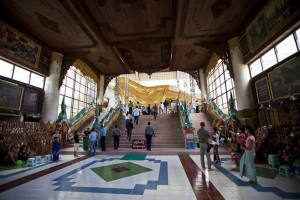 Looking up a wide staircase to a huge reclining buddha, Shwethalyaung, Bago, Myanmar