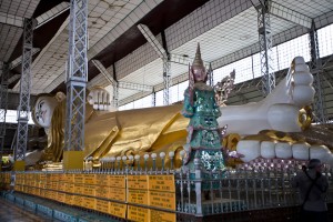 Looking from feet up to the head of the Shwethalyaung reclining Buddha.