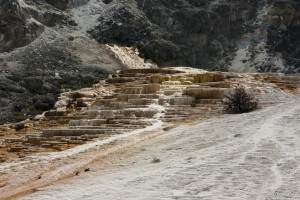 Hot spring water falling over travertine terraces, Mound Spring, Mammoth Springs