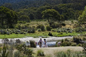 Family group on the Thredbo River on a sunny day.